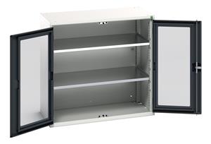 verso window door cupboard with 2 shelves. WxDxH: 1050x550x1000mm. RAL 7035/5010 or selected Verso Glazed Clear View Storage Cupboards for Tools with Shelves